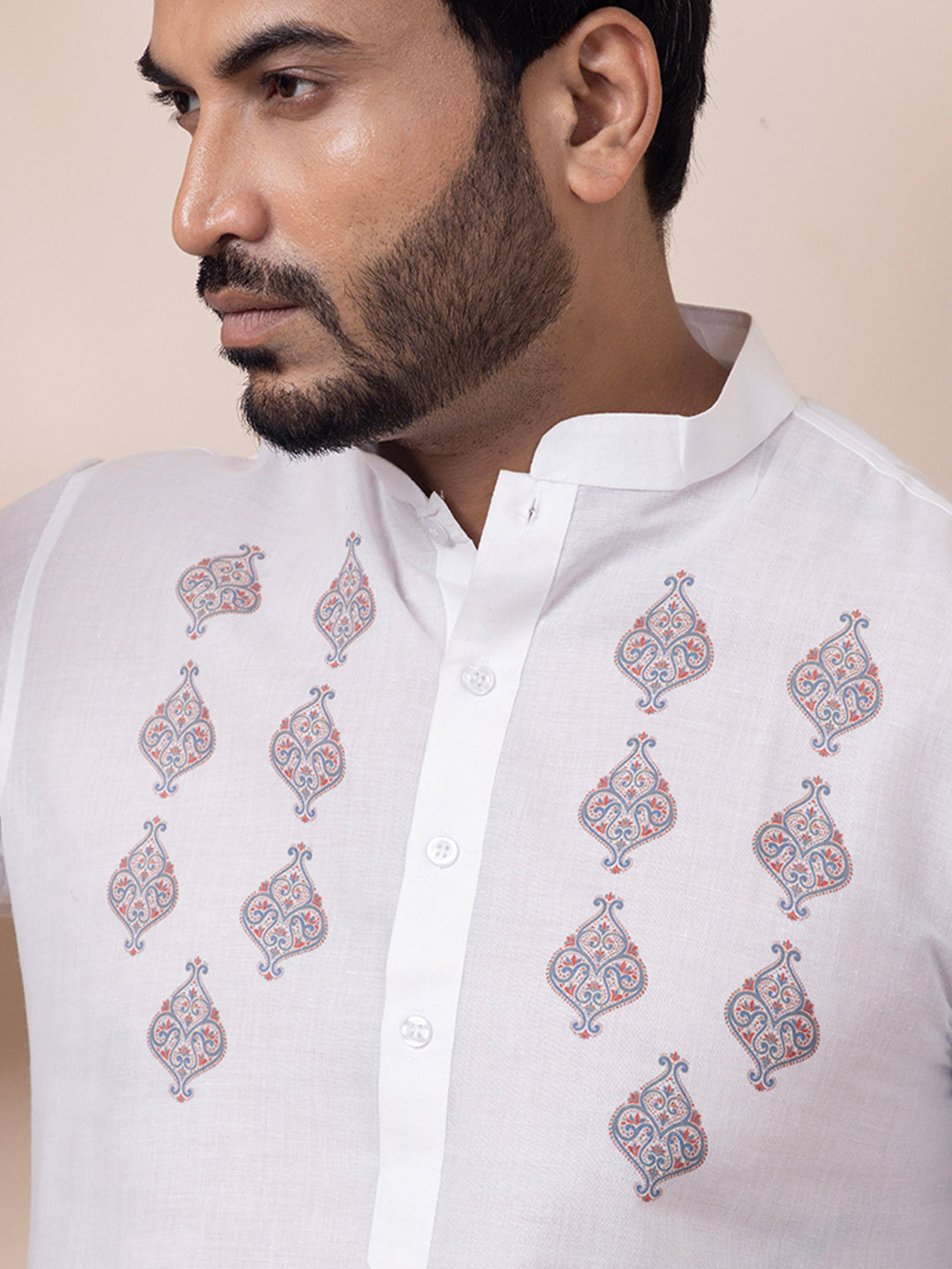 Men's White Cotton Kurta Set – Ethnic Print