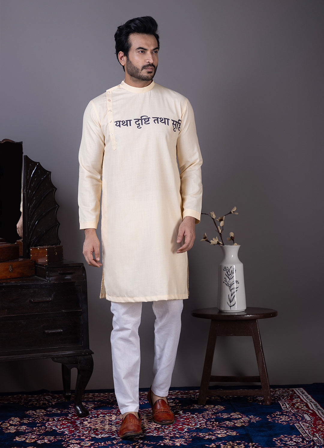 Men's Beige Cotton Kurta Set – Ethnic Print & Side Placket
