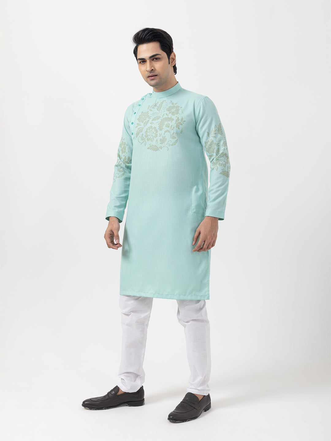 Men's Green Cotton Kurta Set – Ethnic Print & Side Placket