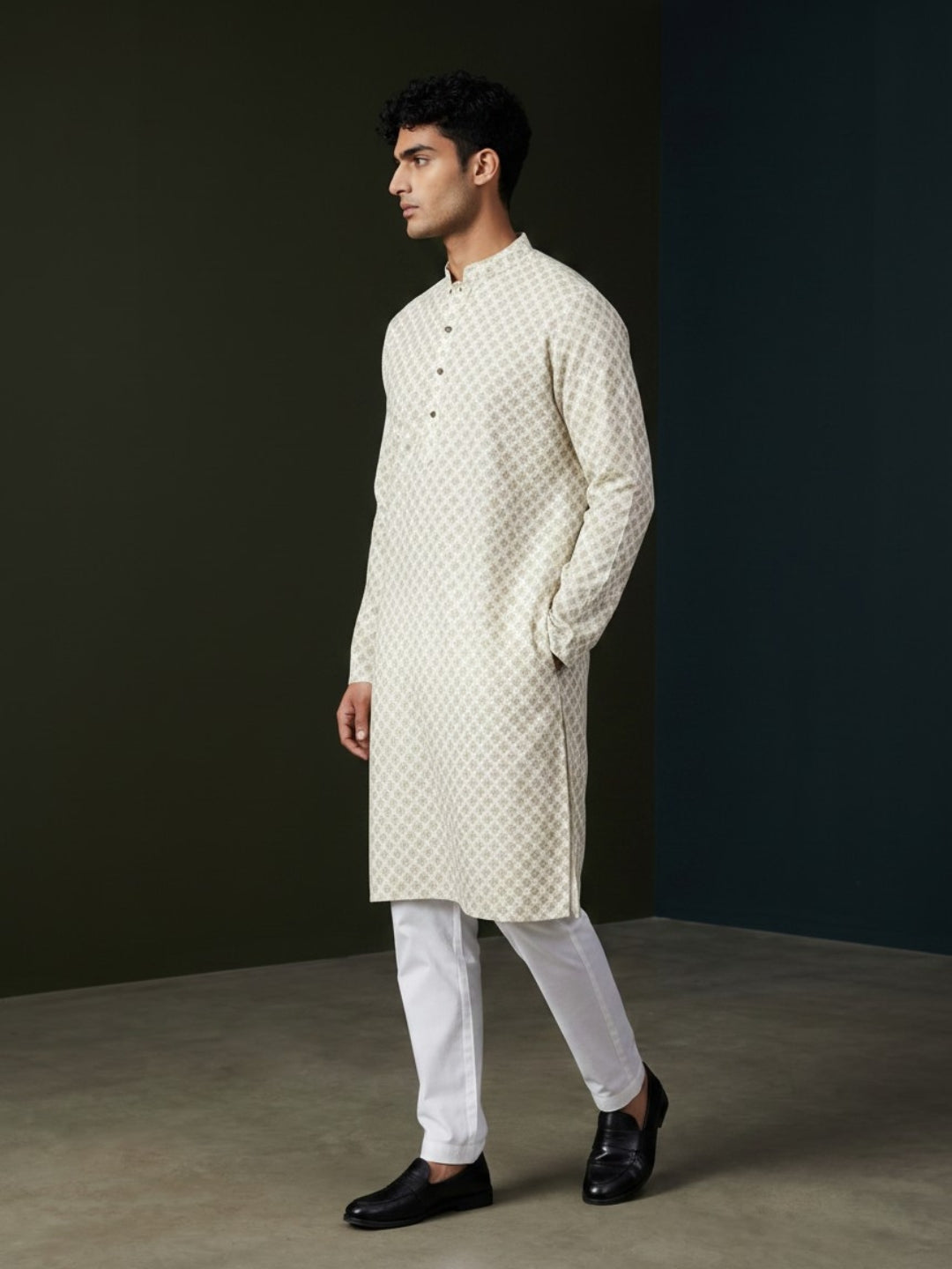 Men's Beige Cotton Kurta Set – Ethnic Print