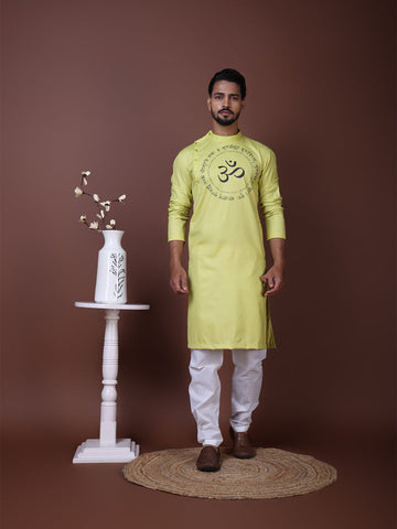 Men's Lime Green Cotton Kurta Set – Ethnic Print & Side Placket