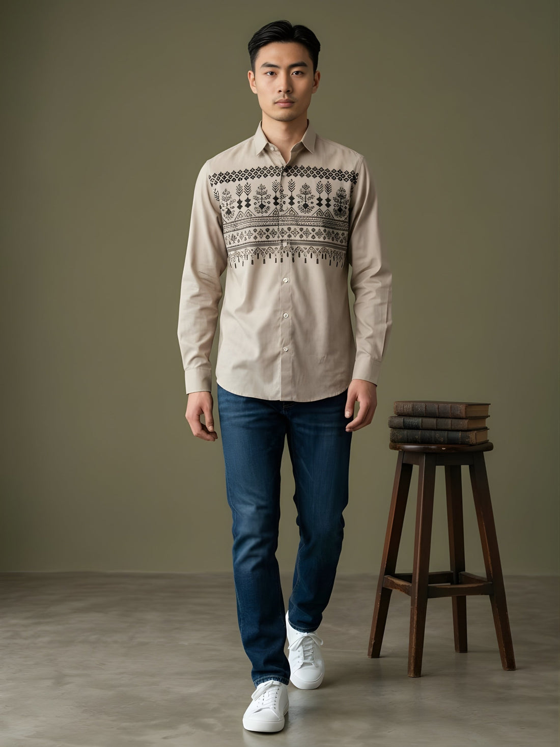 Men's Beige Cotton Shirt – Ethnic Print