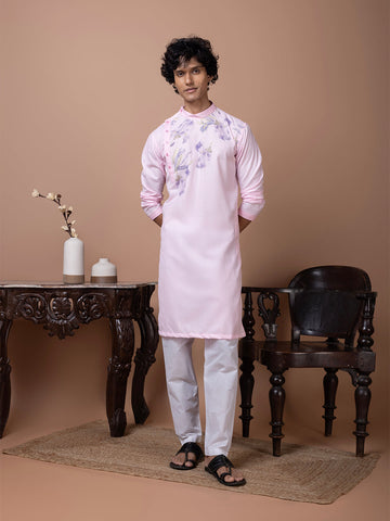 Men's Pink Cotton Kurta Set – Ethnic Print & Side Placket