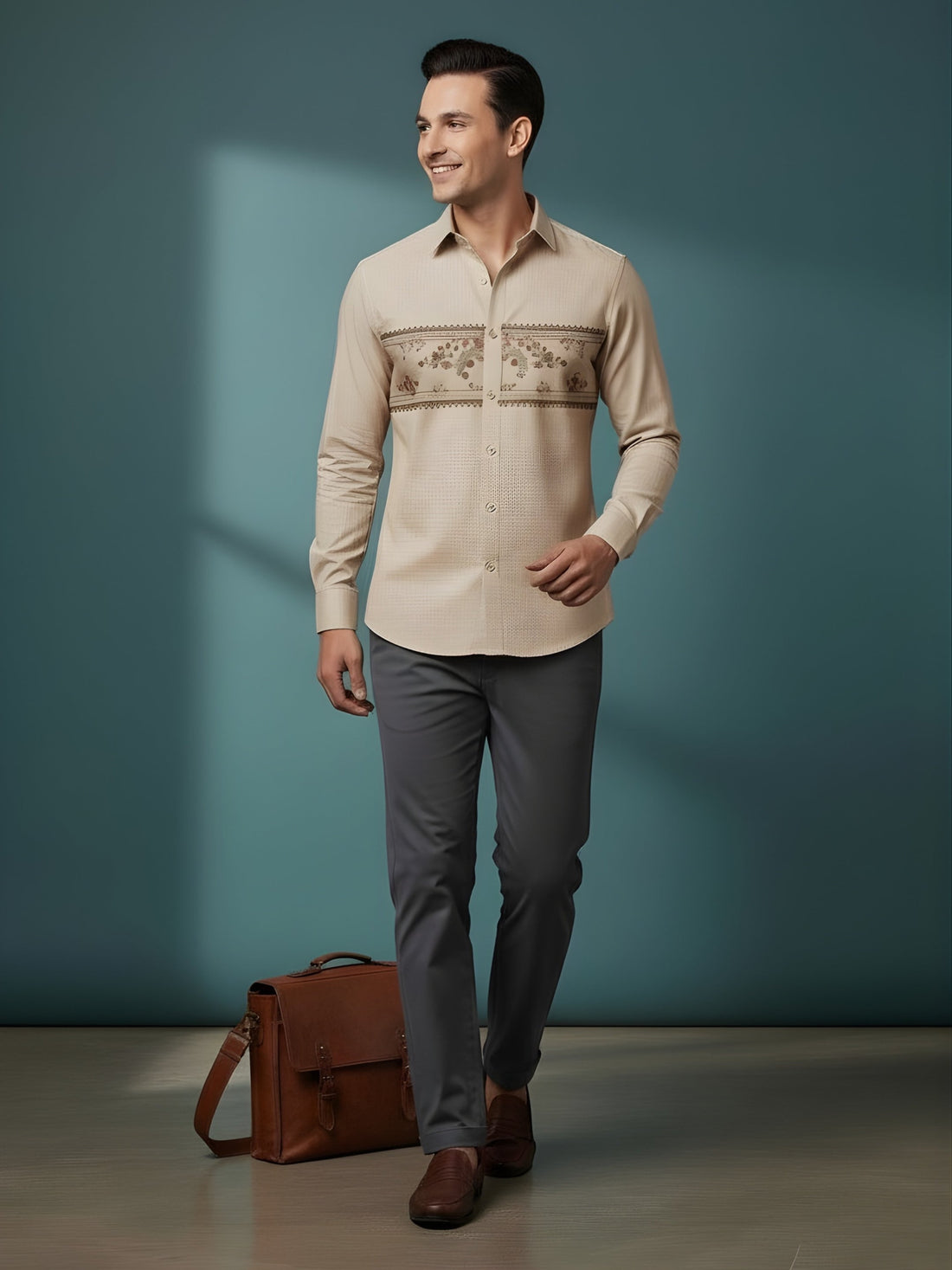 Men's Beige Cotton Shirt – Ethnic Print