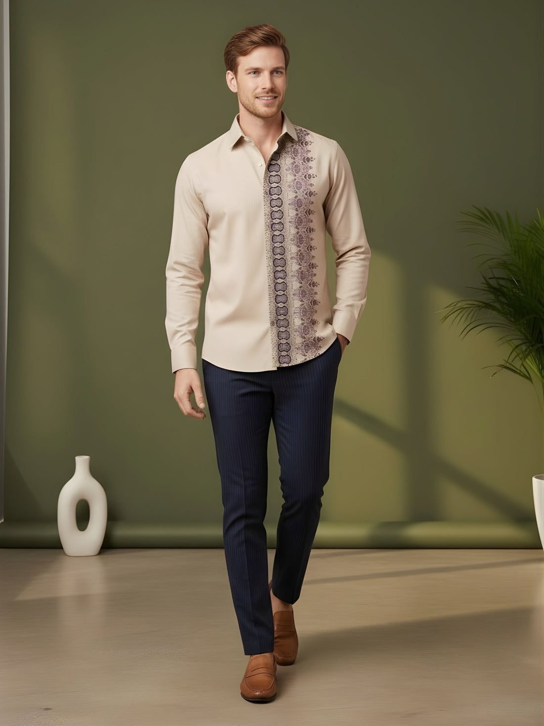Men's Beige Cotton Shirt – Ethnic Print
