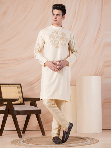 Men's Beige Cotton Kurta Set – Ethnic Print & Side Placket