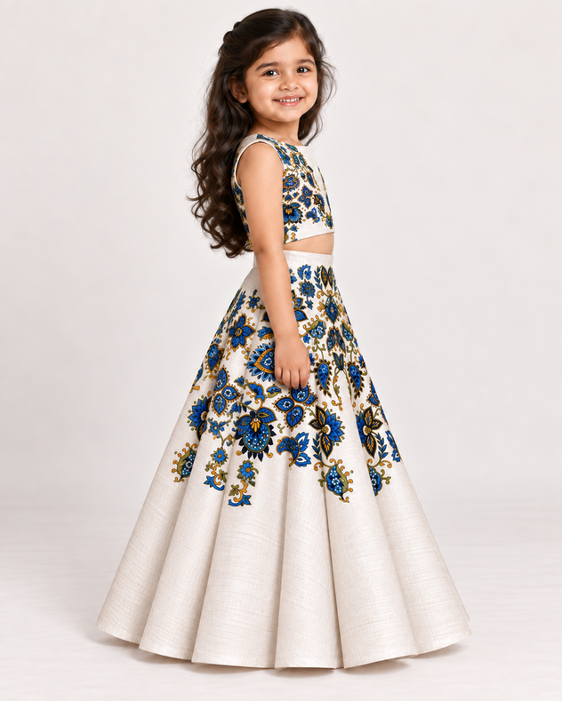 Girls' Off-White Art Silk Lehenga Set – Printed