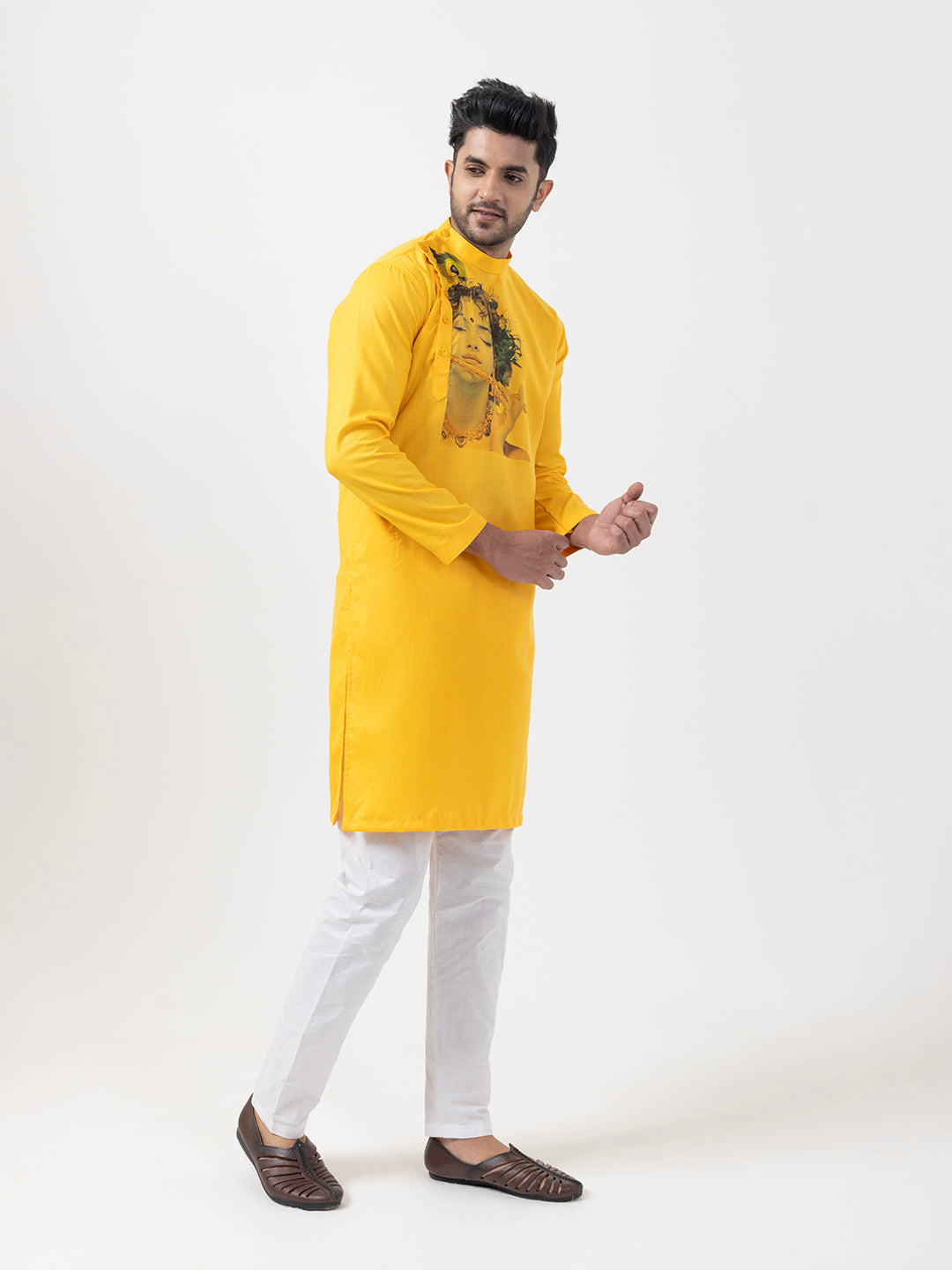 Men's Mustard Cotton Kurta Set – Lord Krishna Print & Side Placket