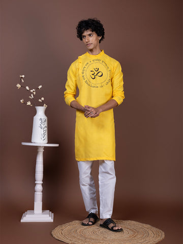 Men's Mustard Cotton Kurta Set – Ethnic Print & Side Placket