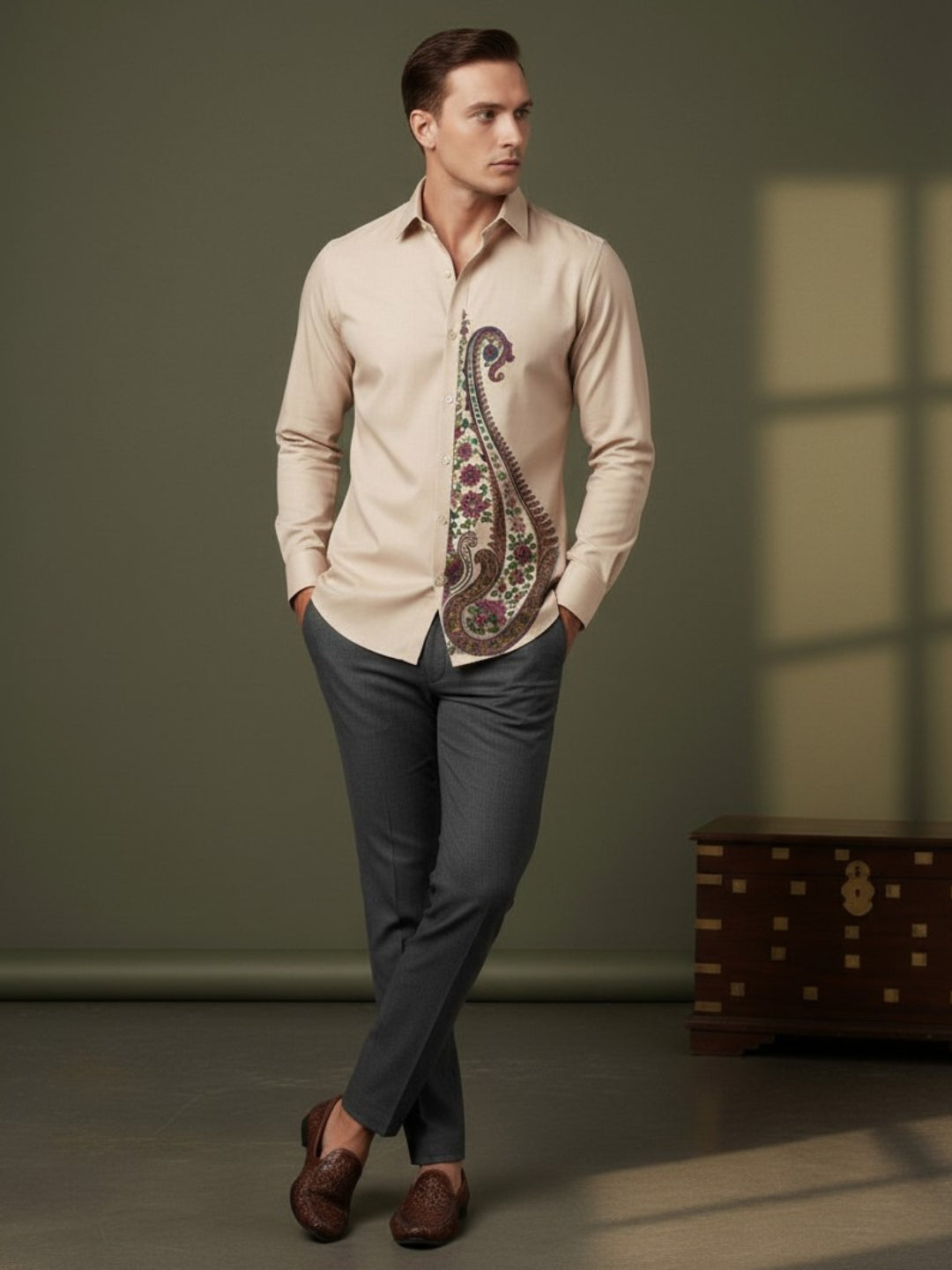 Men's Beige Cotton Shirt – Ethnic Print