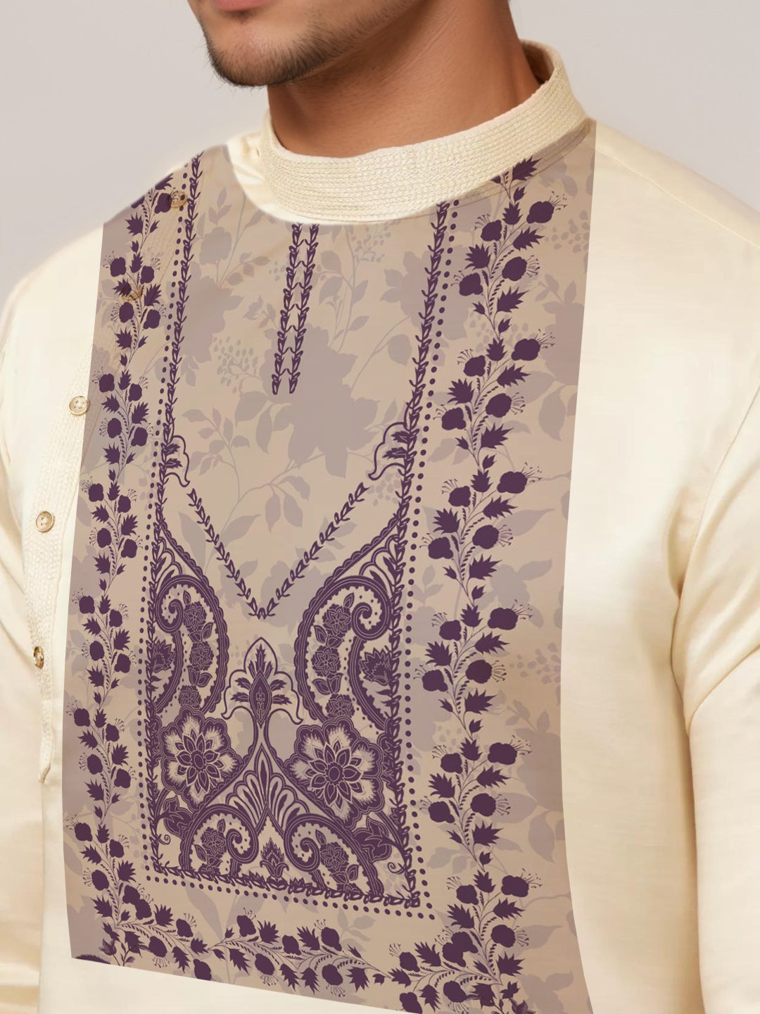 Men's Beige Cotton Kurta Set – Ethnic Print & Side Placket