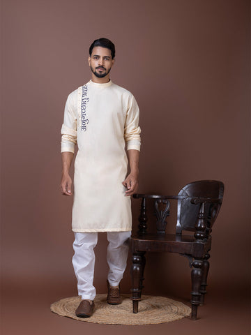 Men's Beige Cotton Kurta Set – Ethnic Print & Side Placket