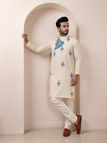 Men's Beige Cotton Kurta Set – Ethnic Print & Side Placket