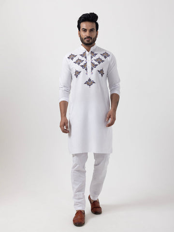 Men's White Cotton Kurta Set – Ethnic Print