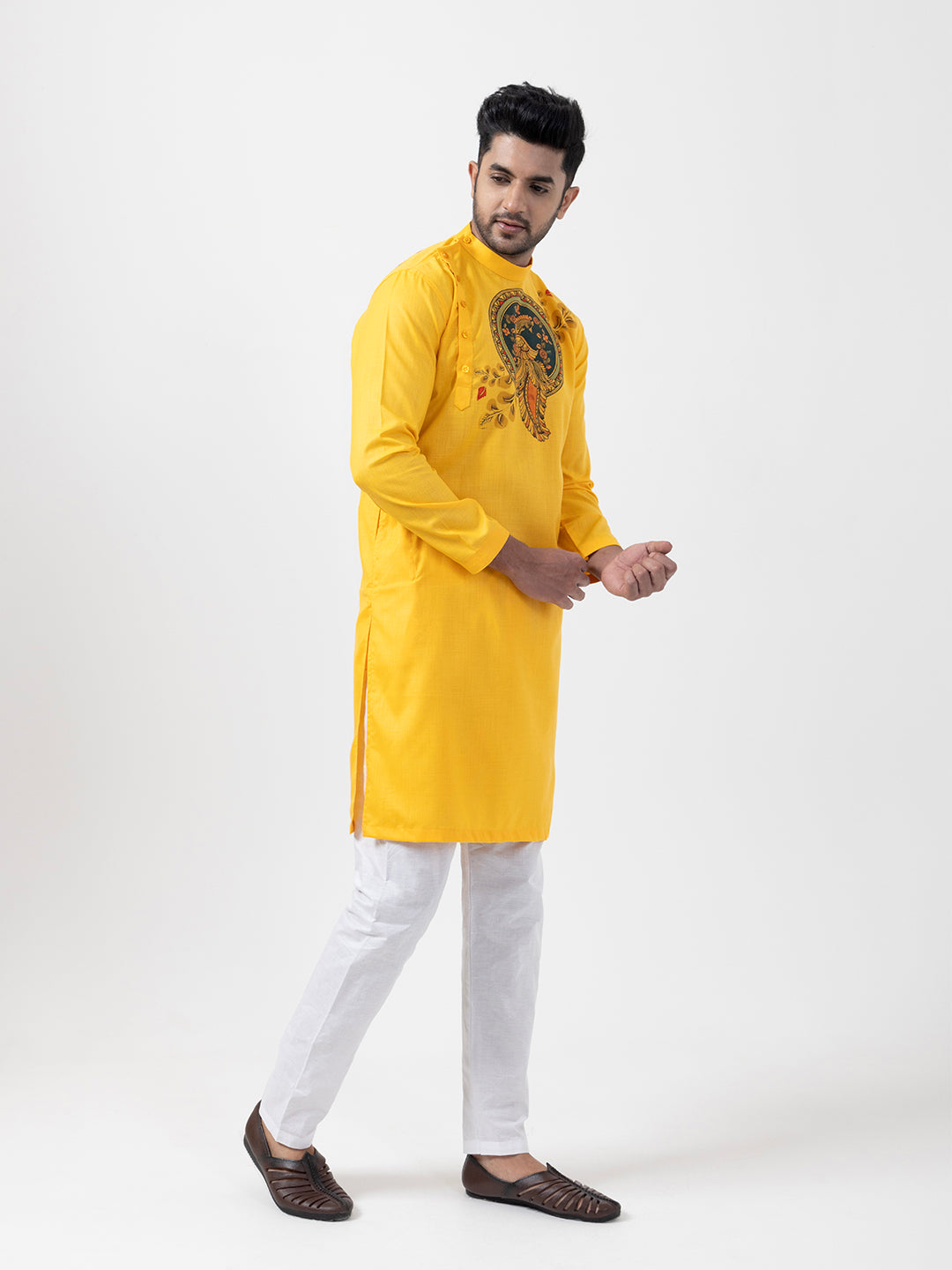 Men's Mustard Cotton Kurta Set – Ethnic Print & Side Placket