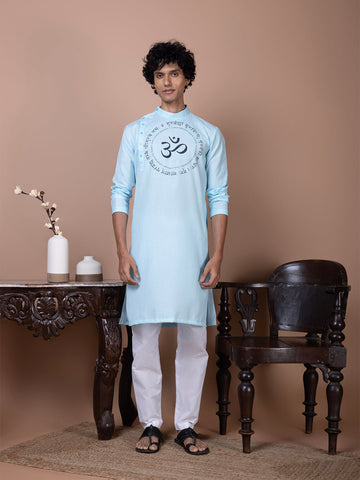 Men's Sky Blue Cotton Kurta Set – Ethnic Print & Side Placket