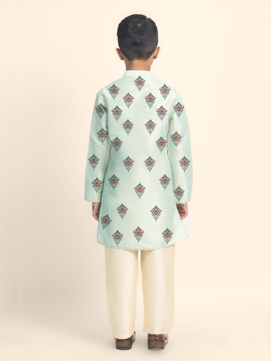 Boys' Green Dupion Silk Kurta Set – Printed