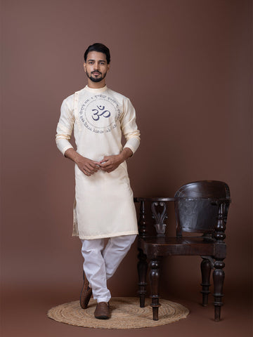 Men's Beige Cotton Kurta Set – Ethnic Print & Side Placket