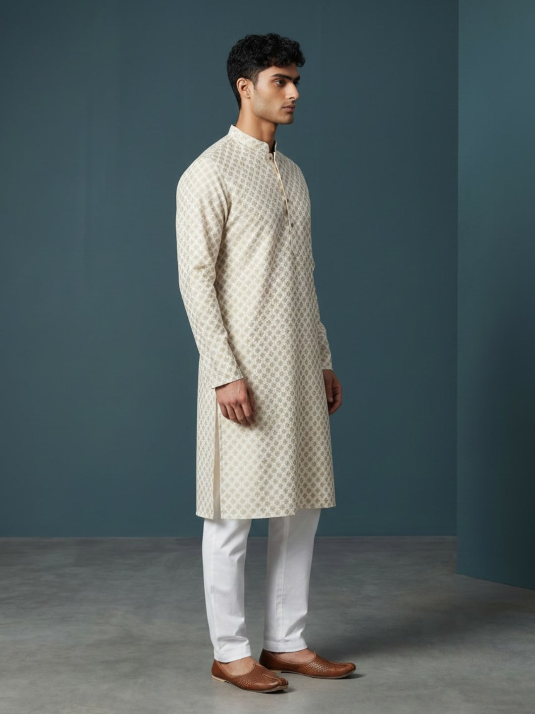 Men's Beige Cotton Kurta Set – Ethnic Print