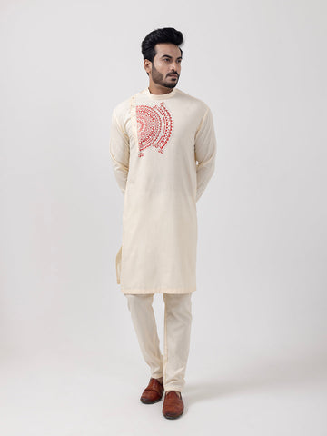 Men's Beige Cotton Kurta Set – Ethnic Print & Side Placket