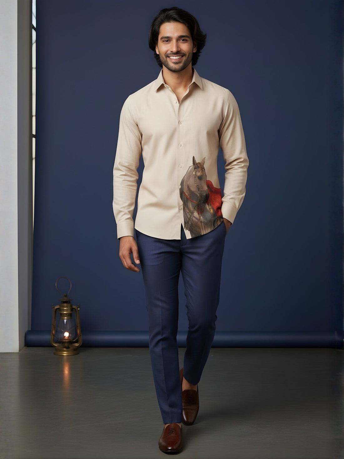 Men's Beige Cotton Shirt – Ethnic Print
