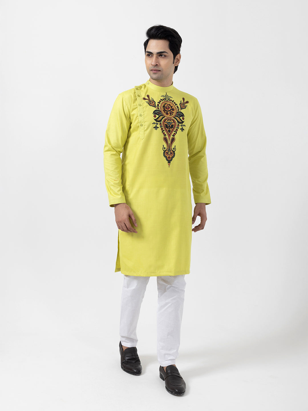 Men's Yellow Cotton Kurta Set – Ethnic Print & Side Placket