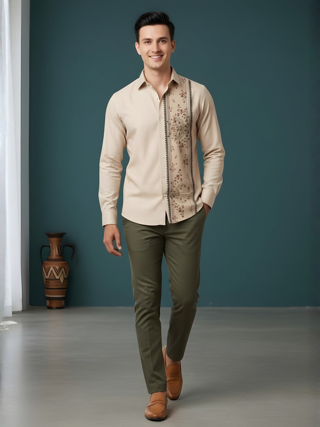 Men's Beige Cotton Shirt – Ethnic Print