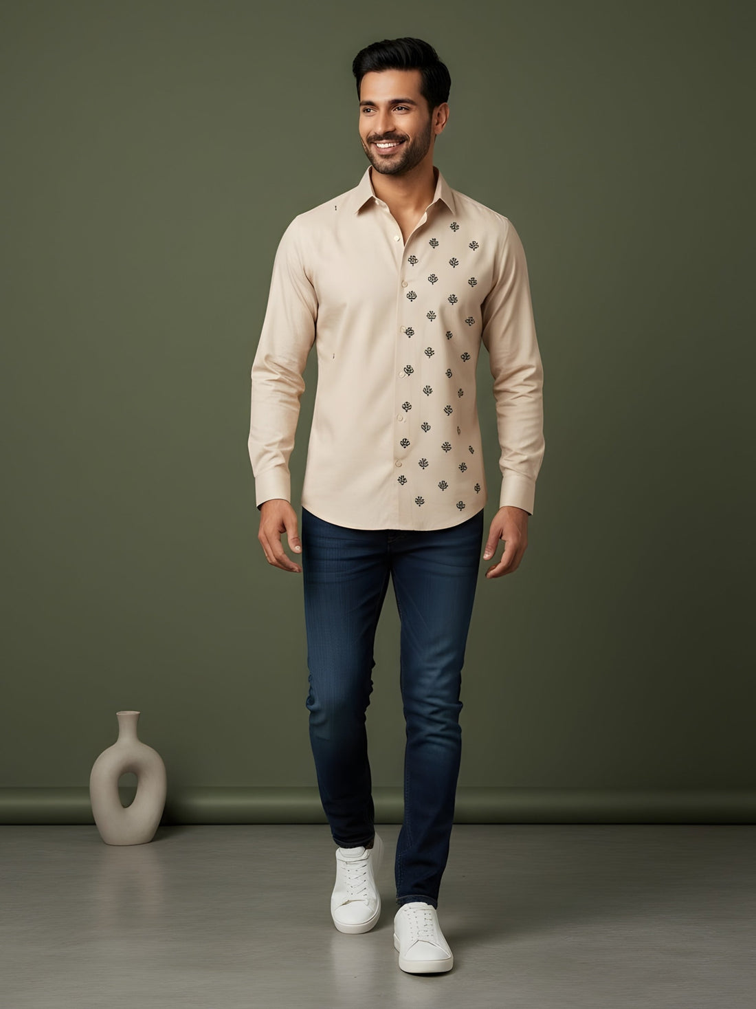 Men's Beige Cotton Shirt – Ethnic Print