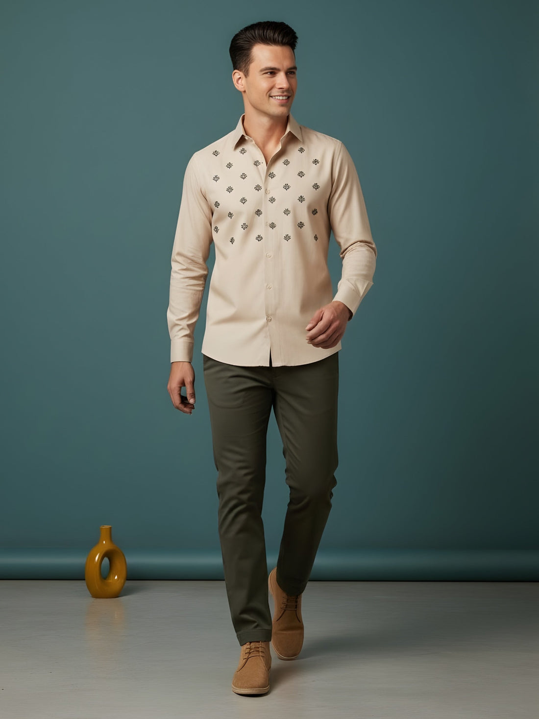 Men's Beige Cotton Shirt – Ethnic Print