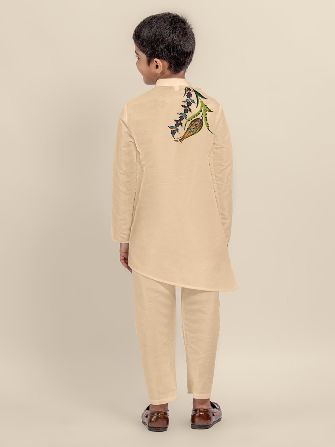 Boys' Beige Dupion Silk Kurta Set – Printed