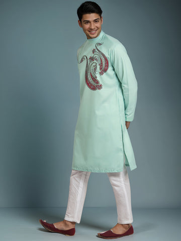 Men's Green Cotton Kurta Set – Ethnic Print & Side Placket