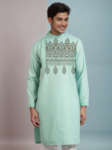 Men's Green Cotton Kurta Set – Ethnic Print & Side Placket
