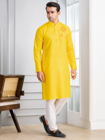 Men's Yellow Cotton Kurta Set – Ethnic Print