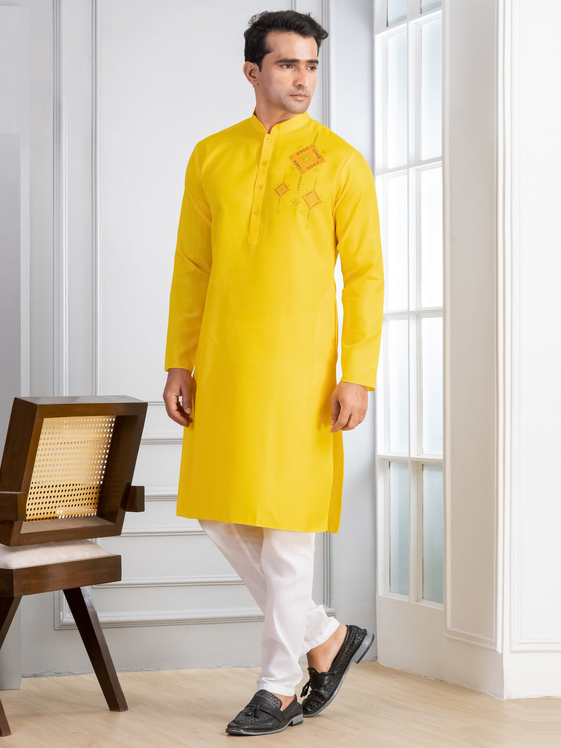 Men's Yellow Cotton Kurta Set – Ethnic Print