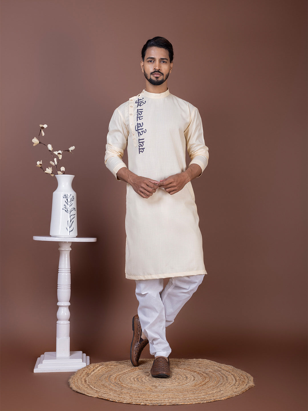 Men's Beige Cotton Kurta Set – Ethnic Print & Side Placket