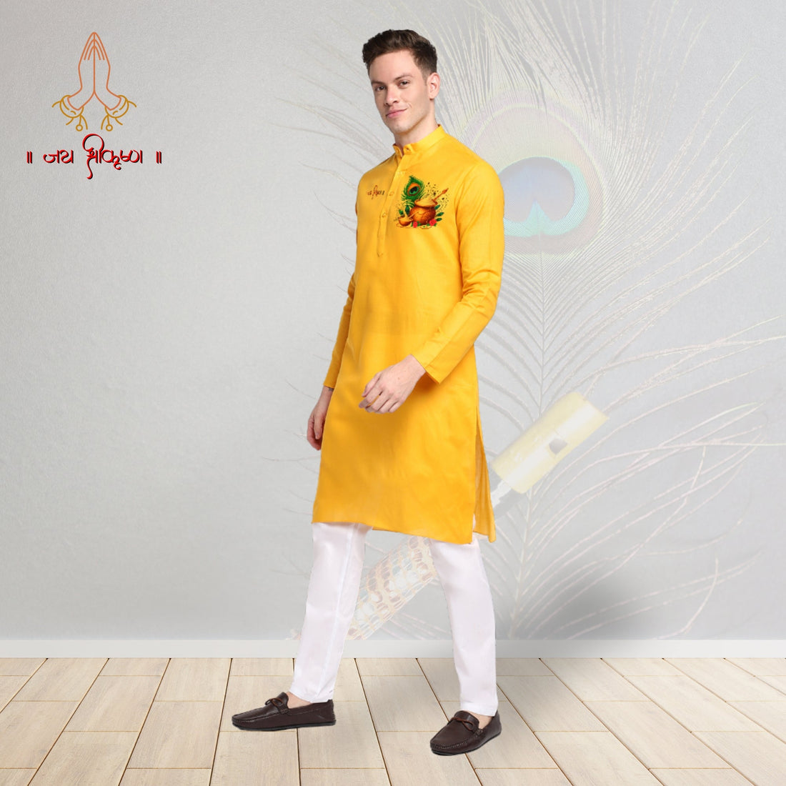 Men's Yellow Cotton Kurta Set – Ethnic Print