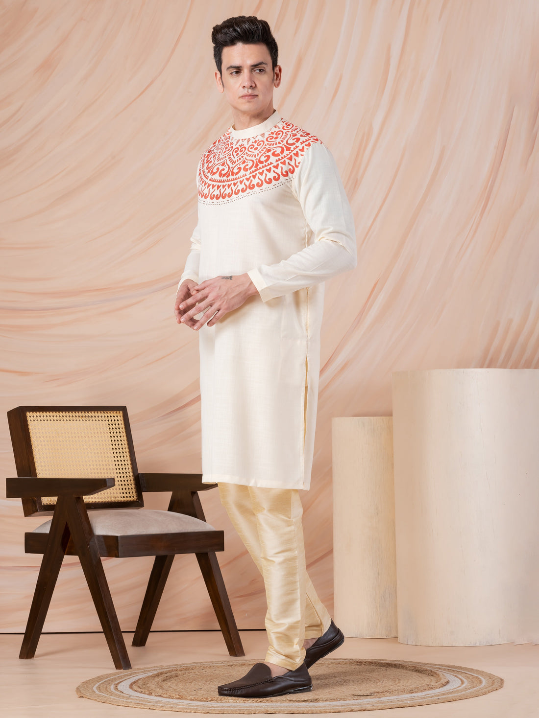 Men's Beige Cotton Kurta Set – Ethnic Print & Side Placket