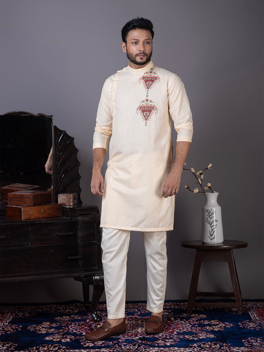 Men's Beige Cotton Kurta Set – Ethnic Print & Side Placket