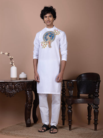 Men's White Cotton Kurta Set – Ethnic Print & Side Placket