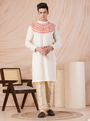 Men's Beige Cotton Kurta Set – Ethnic Print & Side Placket