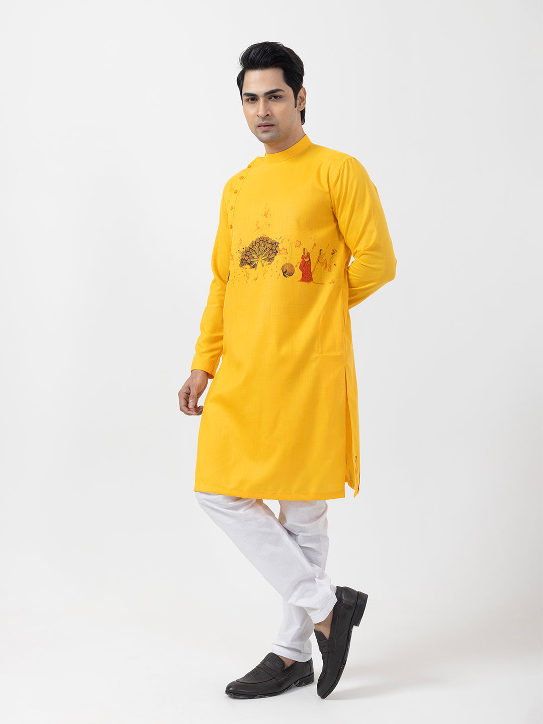 Men's Mustard Cotton Kurta Set – Ethnic Print & Side Placket