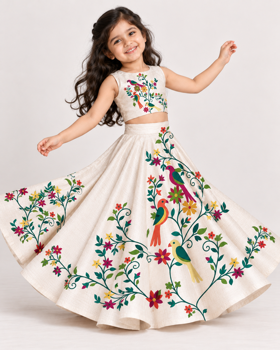 Girls' Off-White Art Silk Lehenga Set – Printed