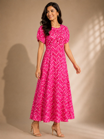 Women's Pink Cotton Dress – Bandhani Print & Puff Sleeves