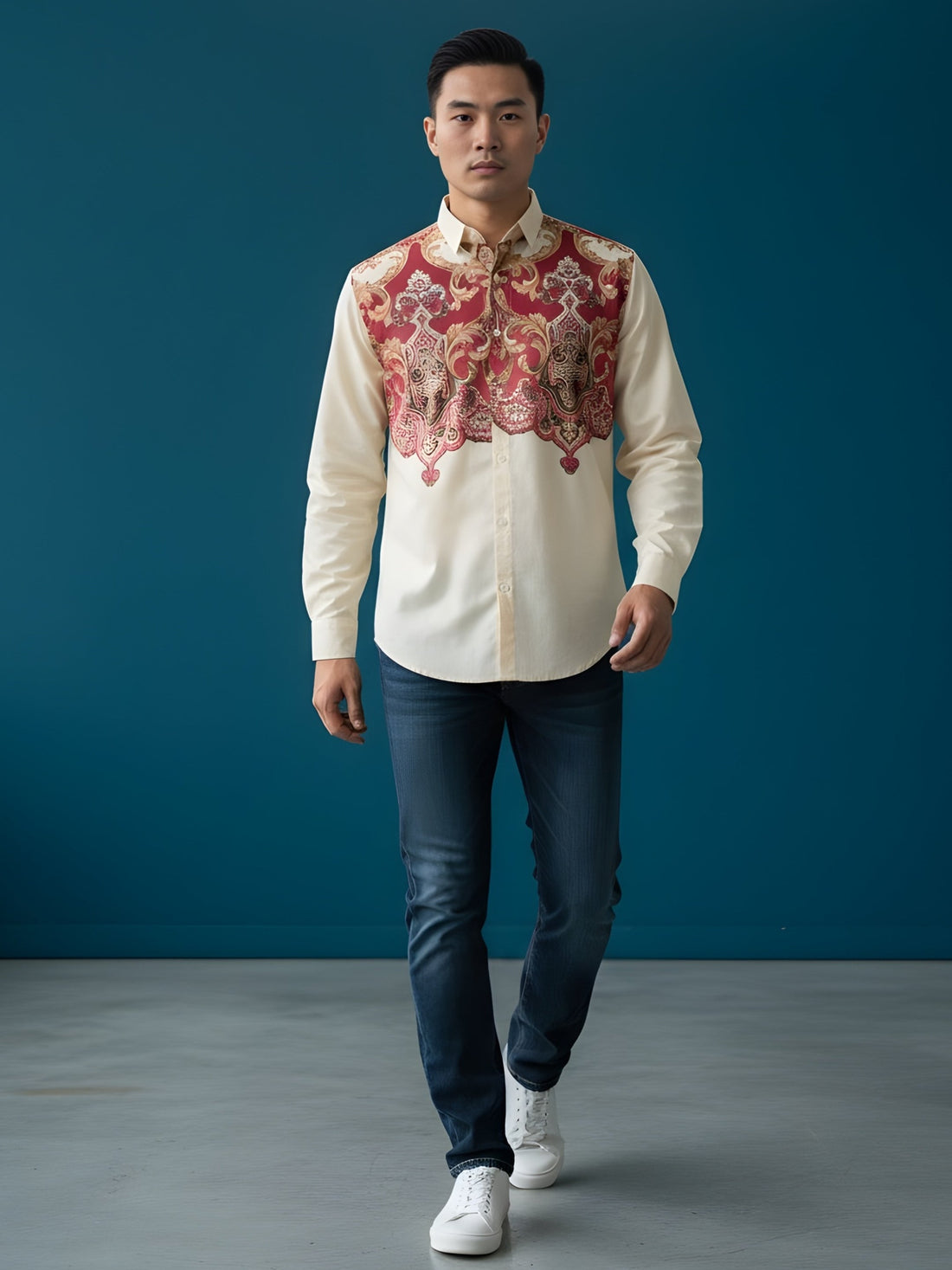 Men's Beige Cotton Shirt – Ethnic Print