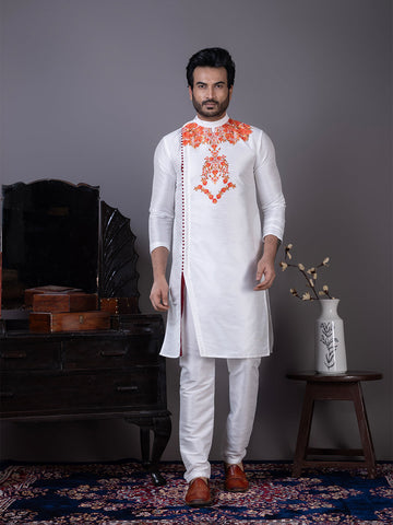 Men's White Art Silk Kurta Set – Ethnic Print