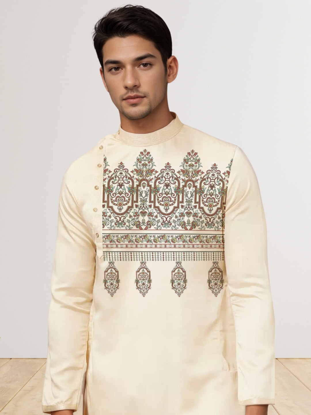 Men's Beige Cotton Kurta Set – Ethnic Print & Side Placket