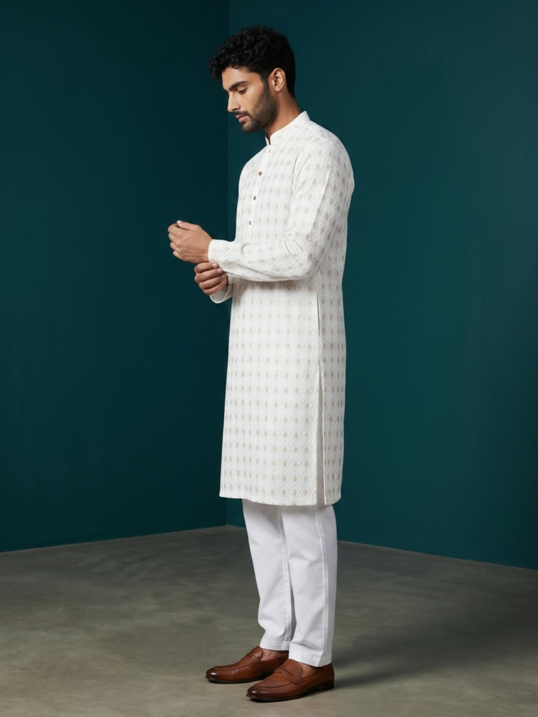 Men's White Cotton Kurta Set – Ethnic Print