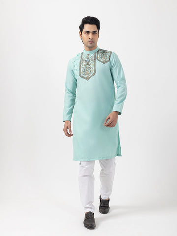 Men's Green Cotton Kurta Set – Ethnic Print & Side Placket