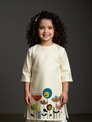 Girls' Beige Cotton Kurti Set – Ethnic Print