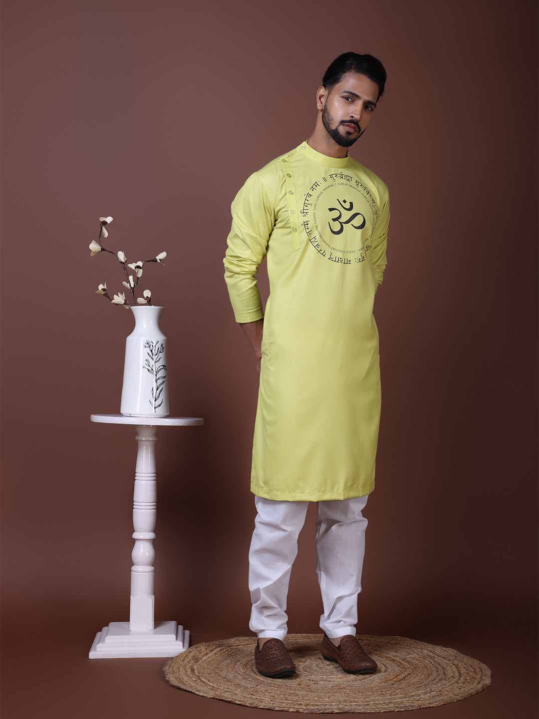 Men's Lime Green Cotton Kurta Set – Ethnic Print & Side Placket